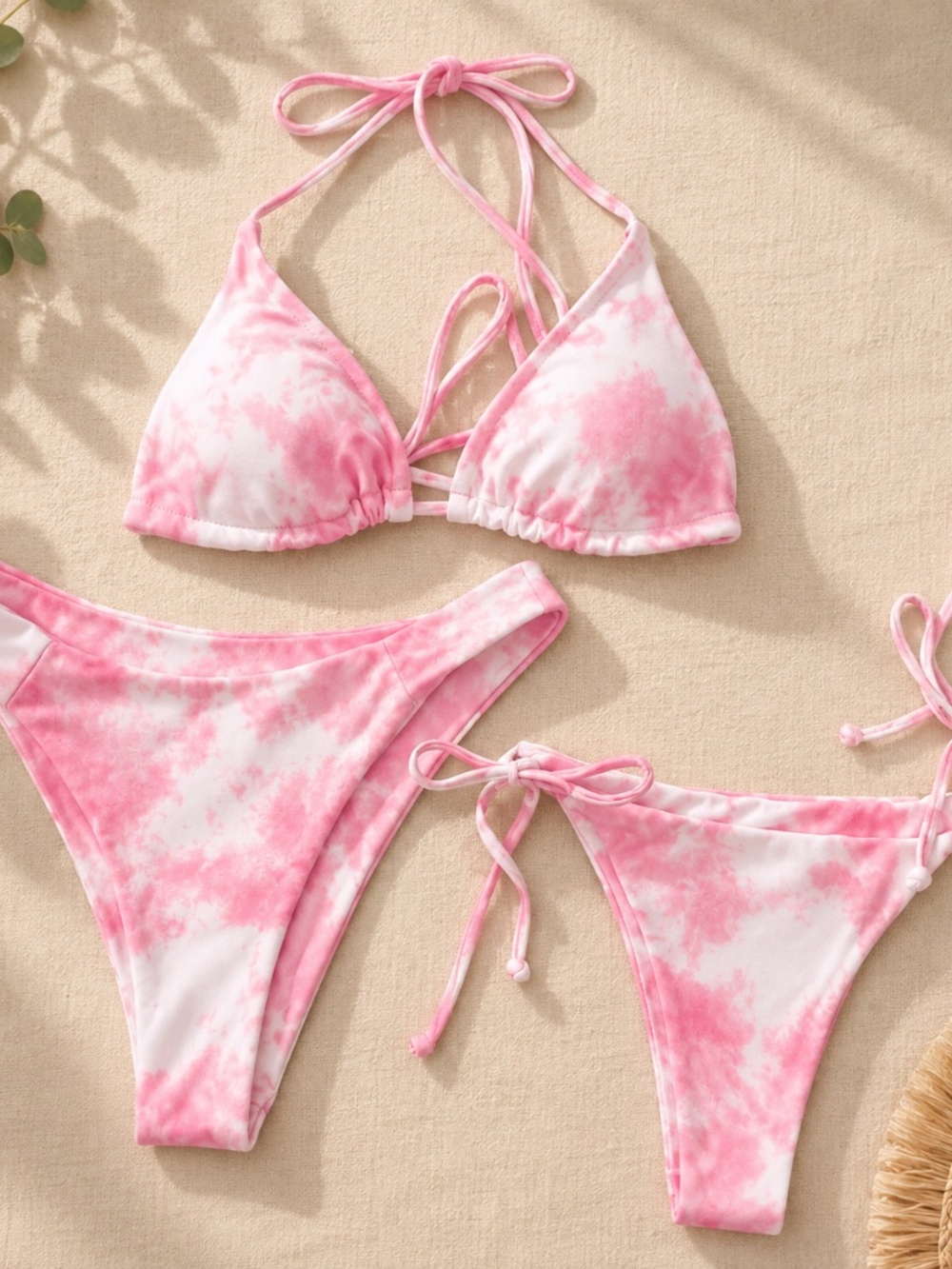 3 Piece Bikini Set - Vibrant Pink and White